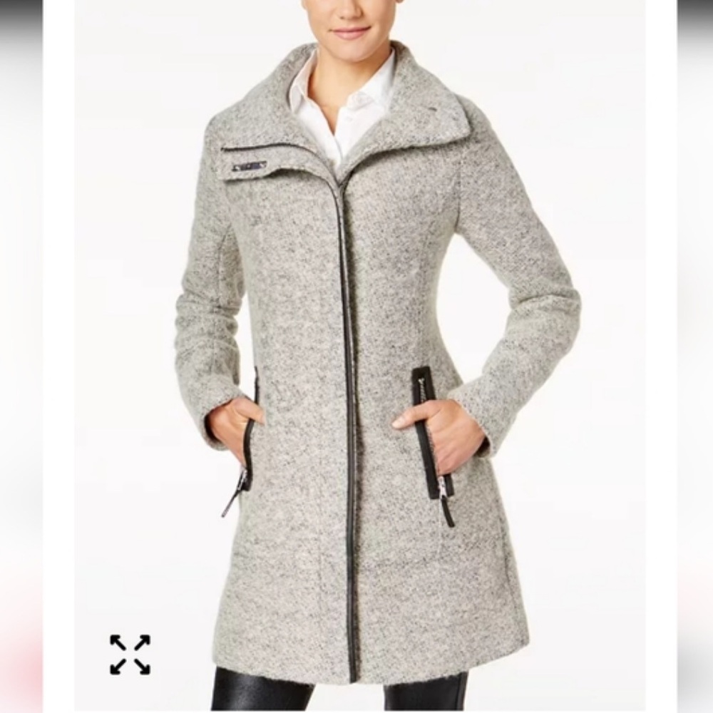 Calvin Klein Faux-Leather-Trim Asymmetrical Walker Wool Blend Coat